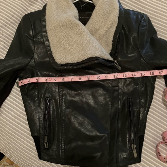 BCBGMaxAzria Green Leather Jacket with Wool Collar - Picture 4 of 12